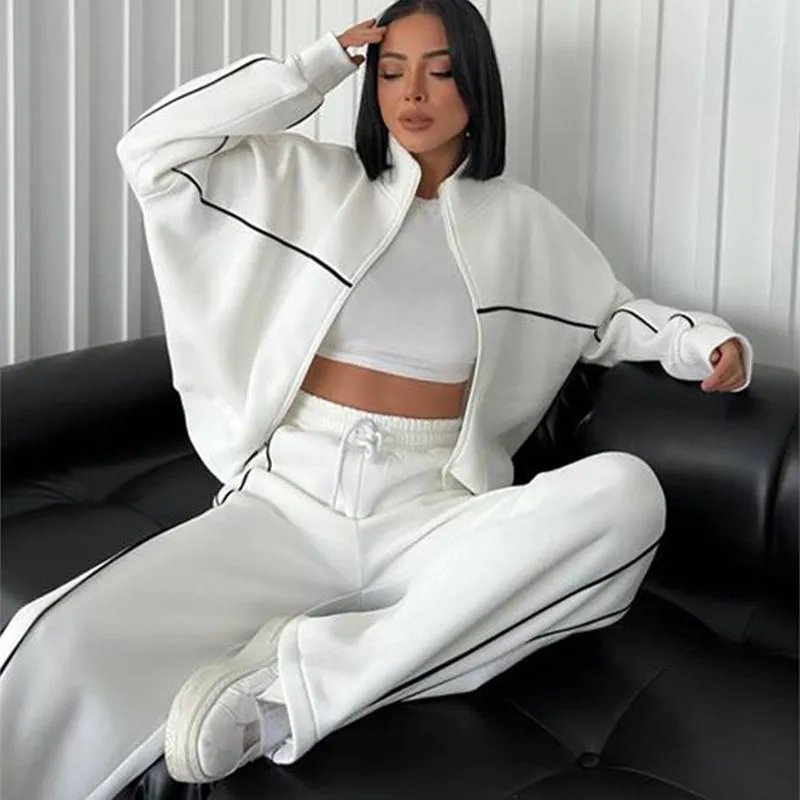 Women's Casual Tracksuit Set Long Sleeve Half-Zip Crop Top & Striped Wide-Leg Pants