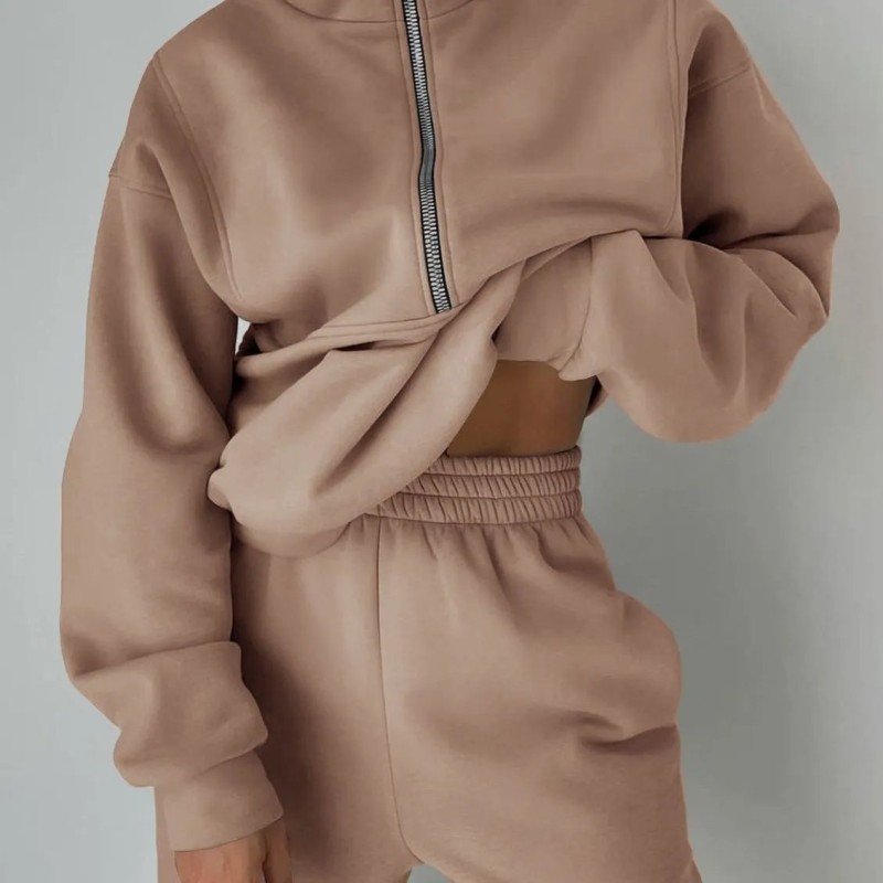 Women's Fleece Tracksuit Set Solid Color Half-Zip Crop Top & High-Waisted Pants