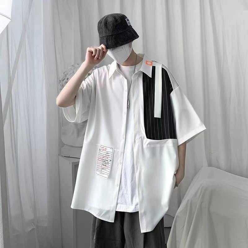 Teen Boys' Striped Patchwork Shirt Loose Fit Square Neck Short Sleeve Casual Summer Top