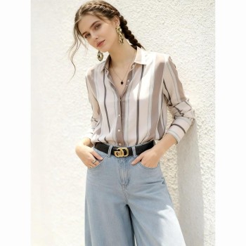 Women's 2026 Vintage Striped Polo Collar Shirt Loose Fit Casual Long Sleeve Blouse
