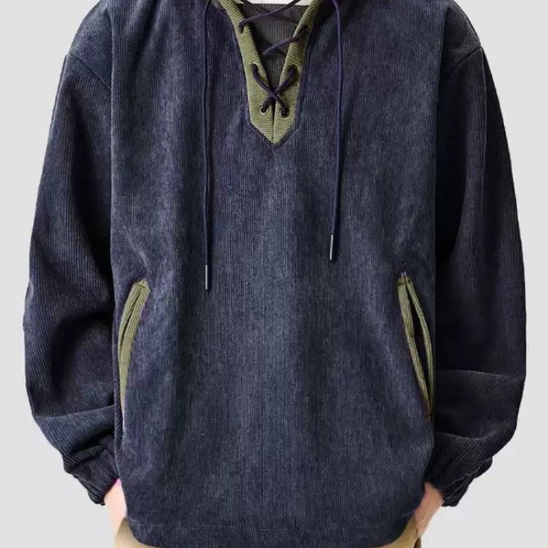 Unisex American Retro Corduroy Color Block Hoodie Oversized Fleece-Lined Sweatshirt