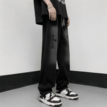 Men's High Street American Retro Cross Print Jeans Loose Straight Leg Dad Pants