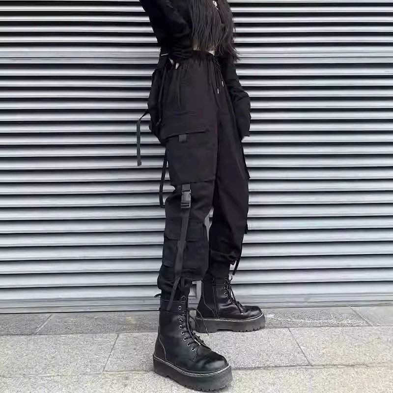 Women's Black Cargo Pants - High-Waisted Slim Fit Ankle-Length Cotton Streetwear Joggers