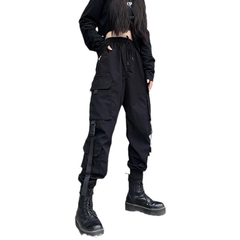 Women's Black Cargo Pants - High-Waisted Slim Fit Ankle-Length Cotton Streetwear Joggers