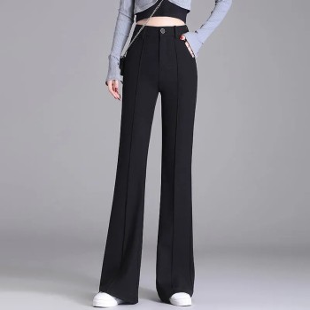 Women's Black Suit Pants - High-Waisted Slim Fit Flared Hem Trousers