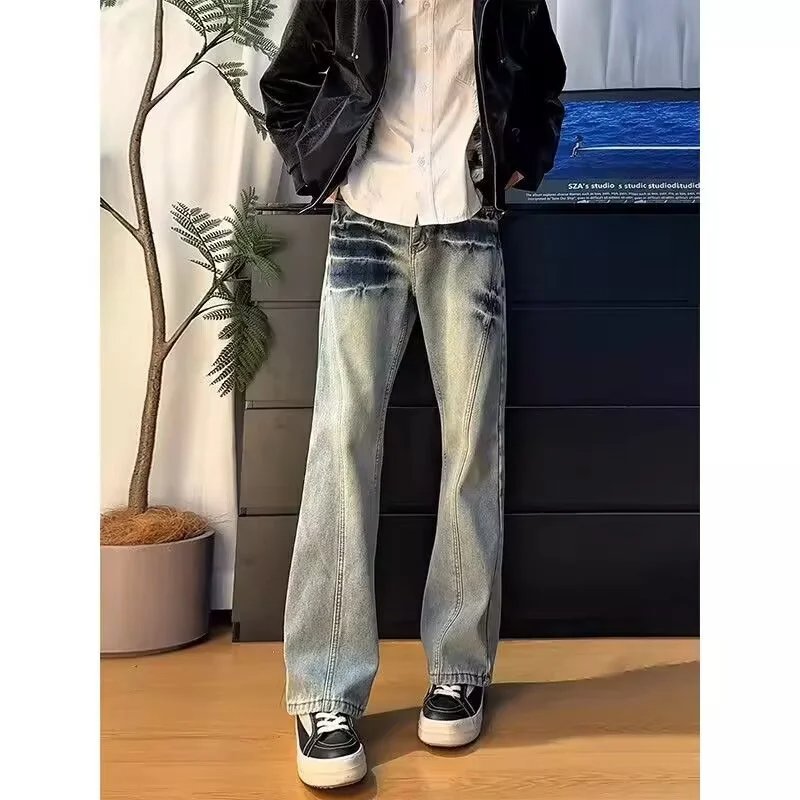 Men's American Cleanfit Blue Lightning Pattern Jeans Slim Straight Micro-Flare Pants