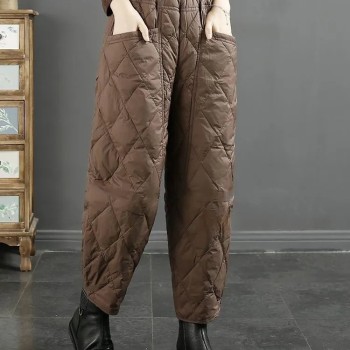 Women's Quilted Puffer Pants - High-Waisted Loose Fit Ankle-Cuff Winter Warm Trousers