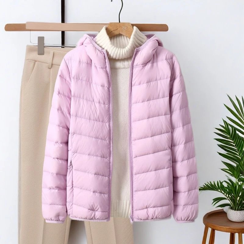 Women's Lightweight Down Jacket - Hooded Slim Fit Short Puffer Coat