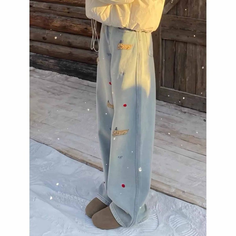 Women's Christmas Embroidered Dog Jeans - Fleece Lined High Waisted Wide Leg Floor-Grazing Pants