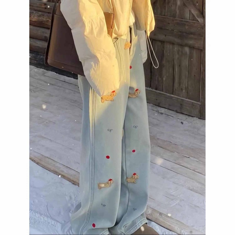 Women's Christmas Embroidered Dog Jeans - Fleece Lined High Waisted Wide Leg Floor-Grazing Pants