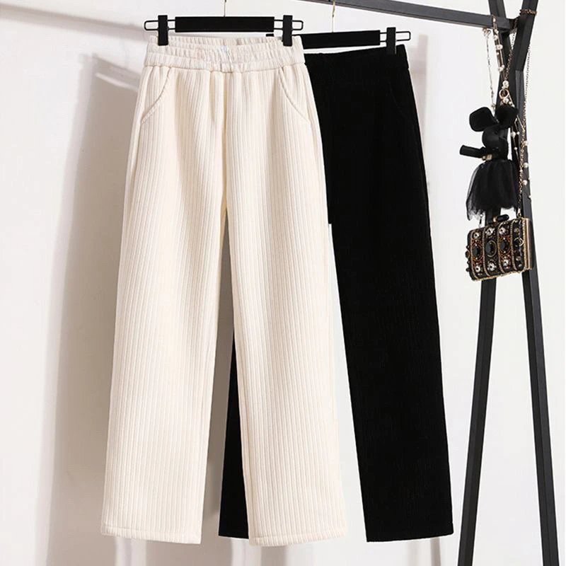 Women's Petite Fleece Lined Chenille Wide Leg Pants - High Waisted Narrow Cut Straight Trousers