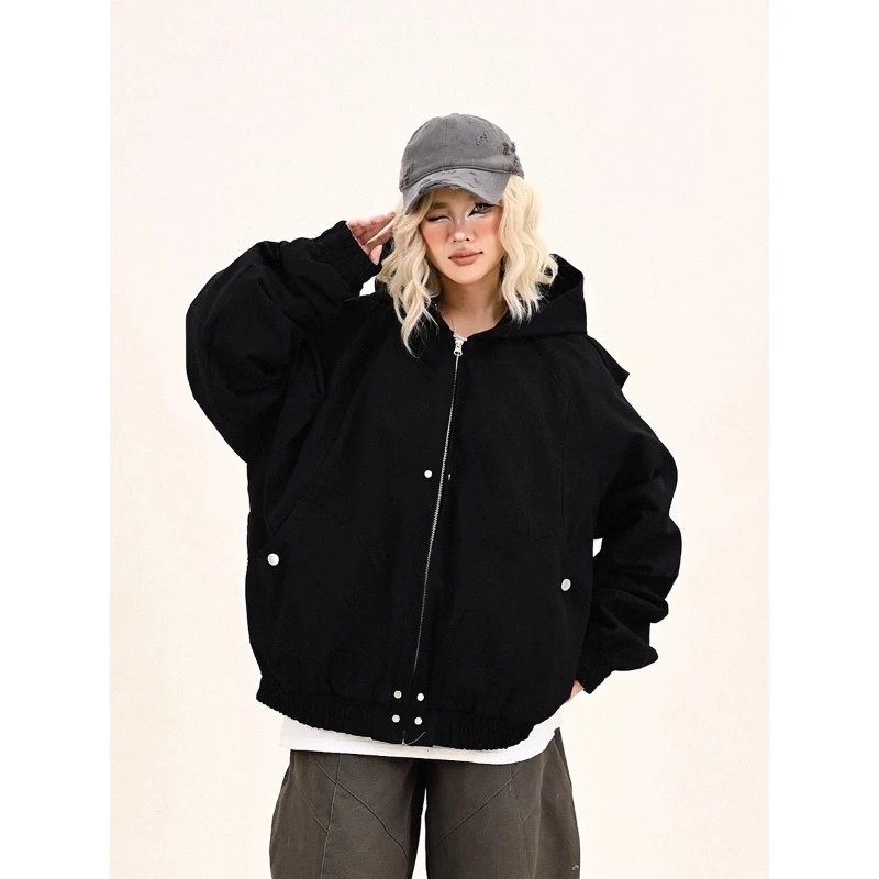 Women's Grey Cargo Hooded Jacket Relaxed Fit BF Style American Streetwear