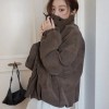 Women's American Retro Matte Faux Leather Jacket Oversized Stand Collar Casual Cool Chic Coat
