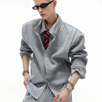 Men's Hong Kong Style Layered Striped Patchwork Jacket Slim Stand Collar Fringe Detail Casual Coat