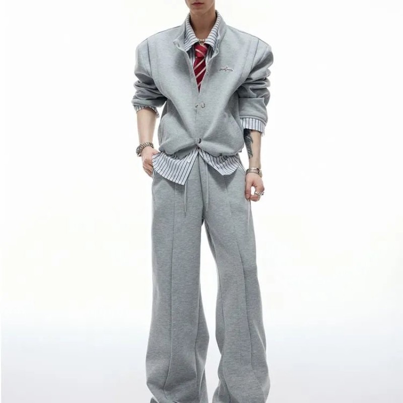 Men's Hong Kong Style Layered Striped Patchwork Jacket Slim Stand Collar Fringe Detail Casual Coat