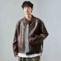 Men's American Retro Solid Color Short Jacket PU Leather Biker Coat Windproof Workwear Outerwear
