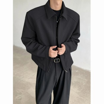 Unisex American Retro Padded Shoulder Blazer Jacket Relaxed Fit Casual Zip-Up Outerwear