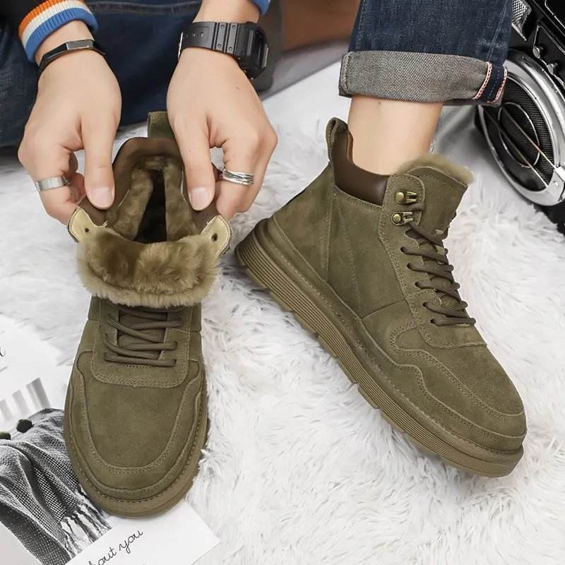 2026 New Men's Winter Snow Boots Warm Suede Chunky Sole Lace-up Casual Short Ankle Boots